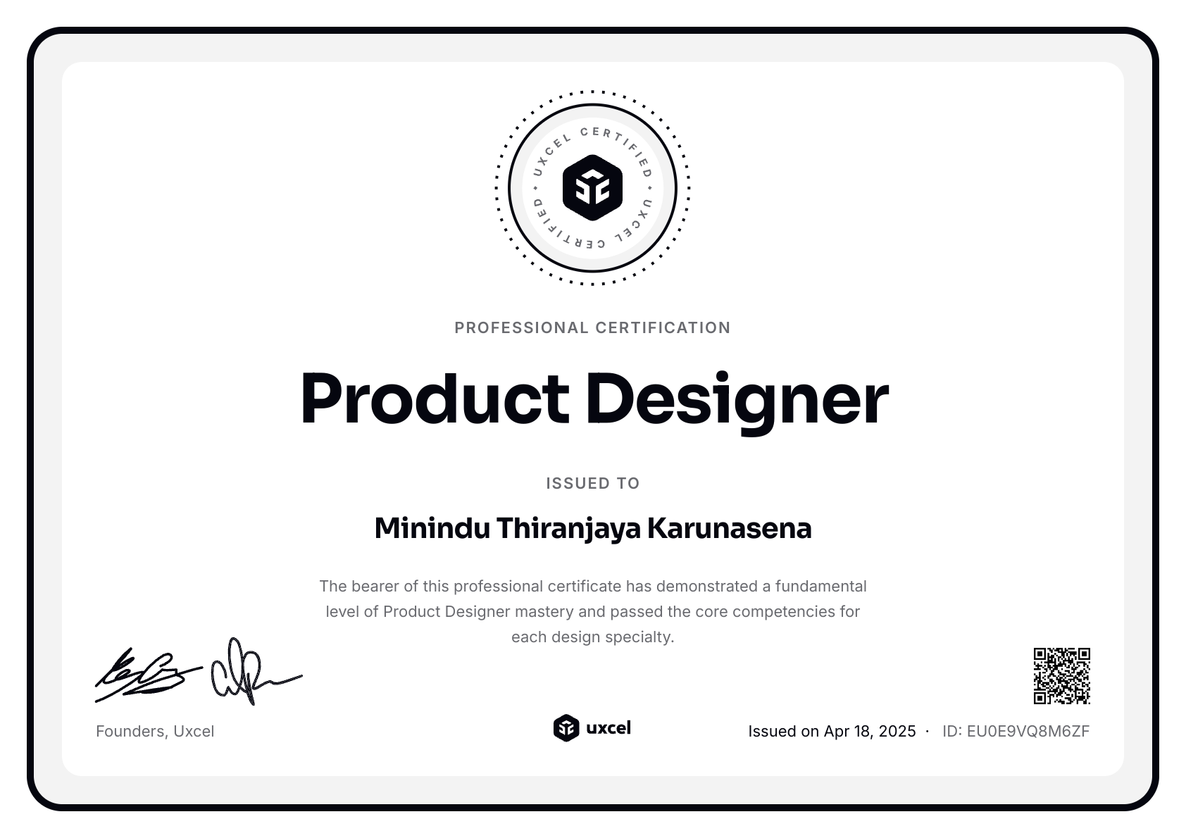 Minindu Thiranjaya Karunasena's certificate